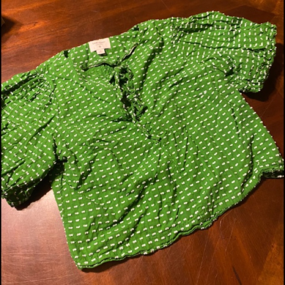kate spade Green Puff-Sleeve Tie-Neck Blouse with White Dot Print